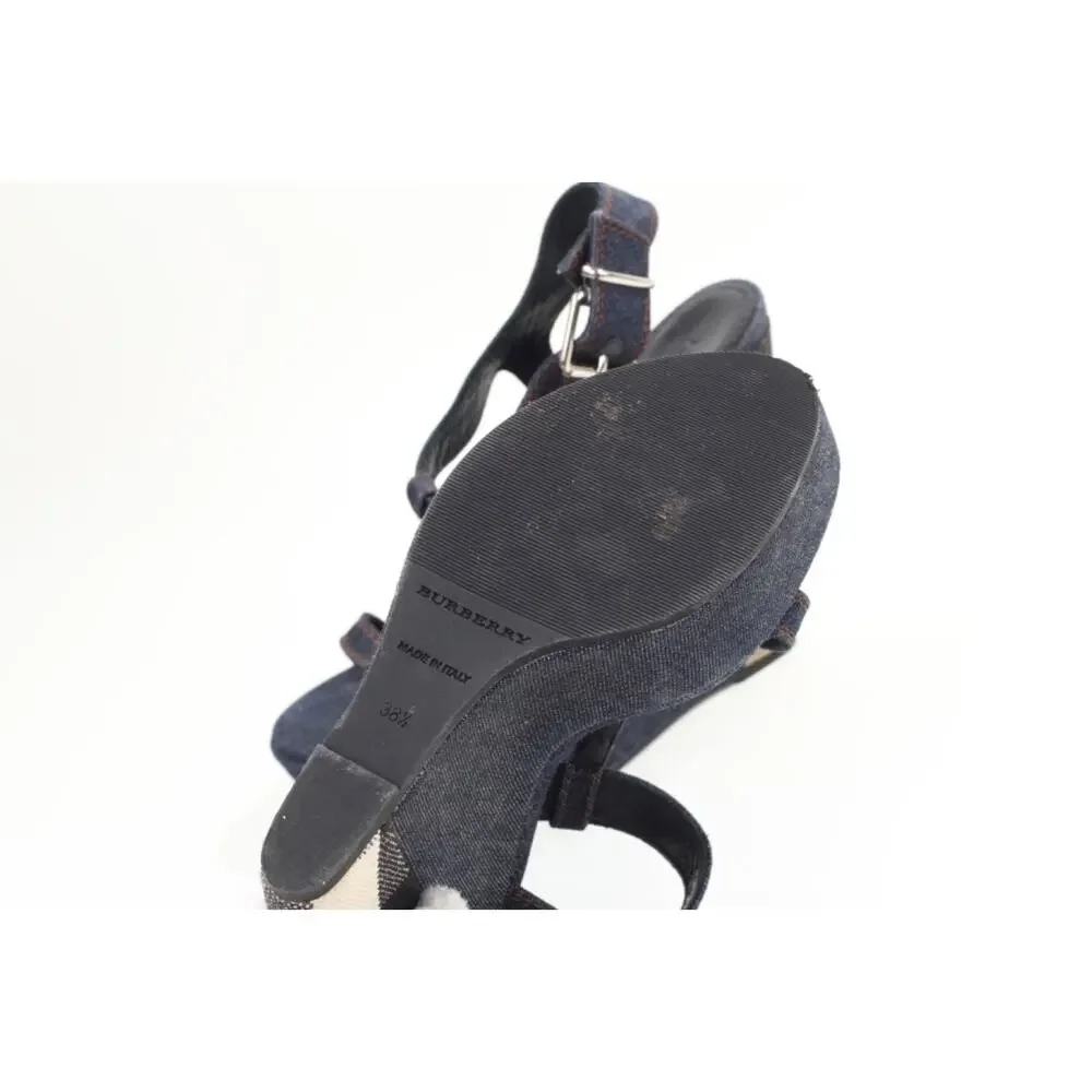 Burberry Navy Denim Buckle Ankle T-Strap Wedge Sandals Designer Shoes Size 38.5 - Picture 12 of 16